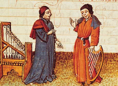 Grabado de dos músicos medievales