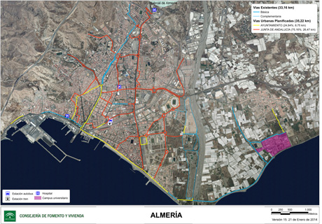 Plano de las vías ciclistas de Almería.