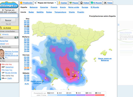 Mapa de lluvias previsto para el viernes. Fuente: Eltiempo.es.