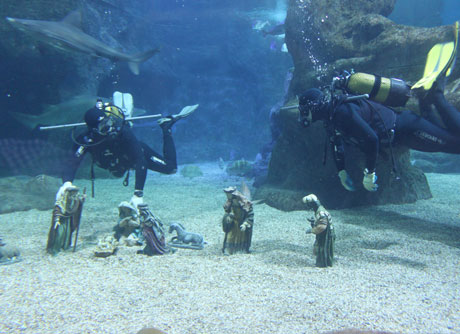 El belén del Aquarium comparte espacio con los tiburones.