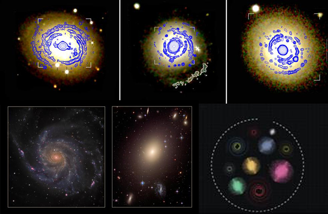 Comparación entre una galaxia espiral y una elíptica (la relación de tamaños no corresponde a la realidad). A la izquierda, M101, una galaxia de disco con una estructura de brazos espirales que alberga brotes de formación estelar. La imagen, tomada por César Blanco con el telescopio de 1,23 del Observatorio de Calar Alto, fue la ganadora del concurso de astrofotografía de 2016. A la derecha, imagen de ESO 325-G004, una galaxia elíptica gigante que no muestra rasgos definidos. Fuente: NASA, ESA, The Hubble Heritage Team, J. Blakeslee.