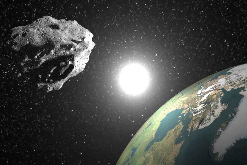 Recreación del acercamiento del asteroide a la Tierra. 