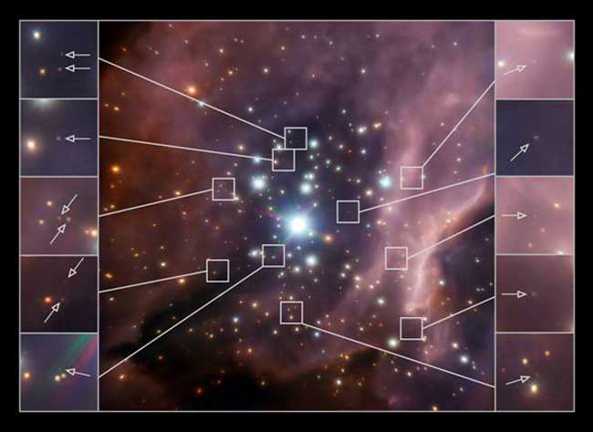 Imagen en falso color en el infrarrojo cercano del cúmulo masivo RCW38, tomada por el instrumento NACO del Very Large Telescope (ESO). Cubre un área de 1,5 años luz, y destaca algunas de las candidatas a enanas marrones detectadas. Fuente: K. Muzic et. al. 
