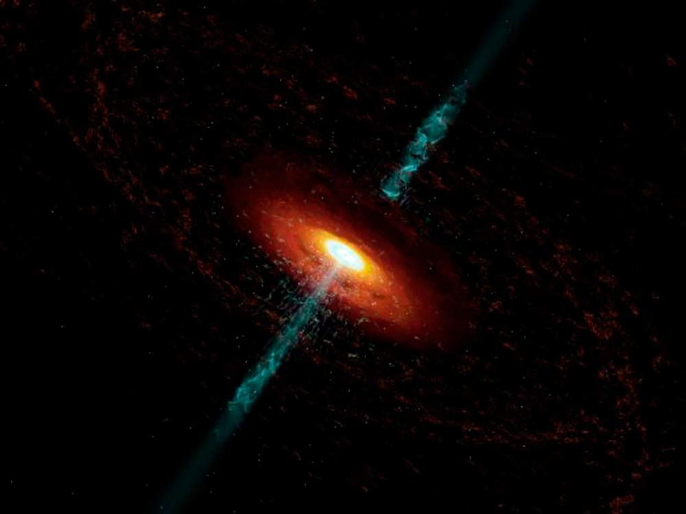 Recreación de la fusión de dos galaxias y el nacimiento de un blázar.